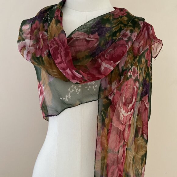 Vintage Lightweight Chiffon Scarf Wrap 39X 40" Pink Roses Floral Sheer Romantic - Picture 2 of 7